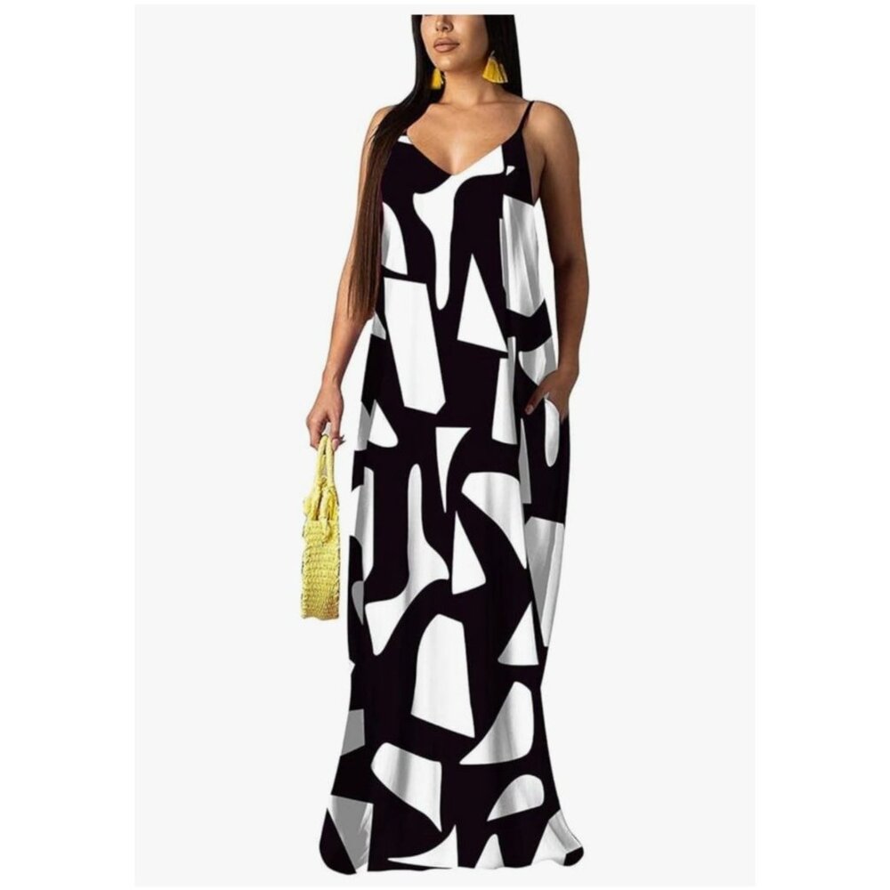 Bogurst Womens Small Casual Sleeveless Adj Strap Summer Maxi Dress Black/White